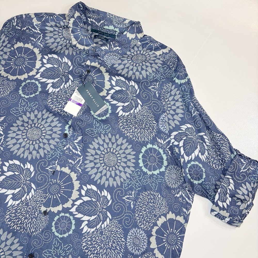 Perry Ellis 100% Linen Shirt 2X Blue Floral Untucked‎ Button Front NWT